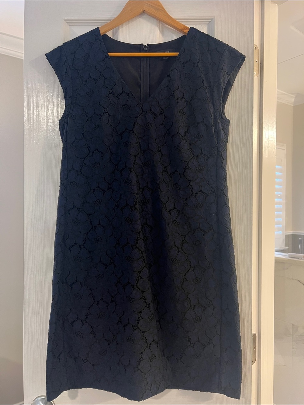 J. Crew Navy Lace Cap-Sleeve V-Neck Sheath Dress
